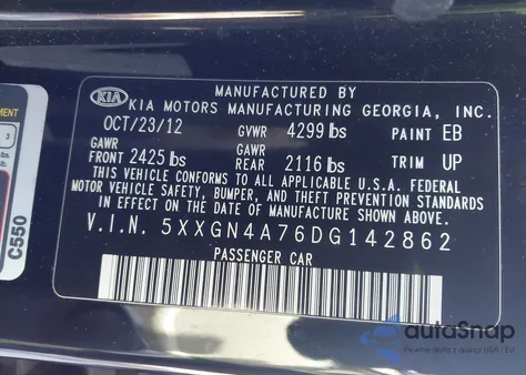 2013 Kia Optima Ex from USA, damaged, VIN 5XXGN4A76DG142862